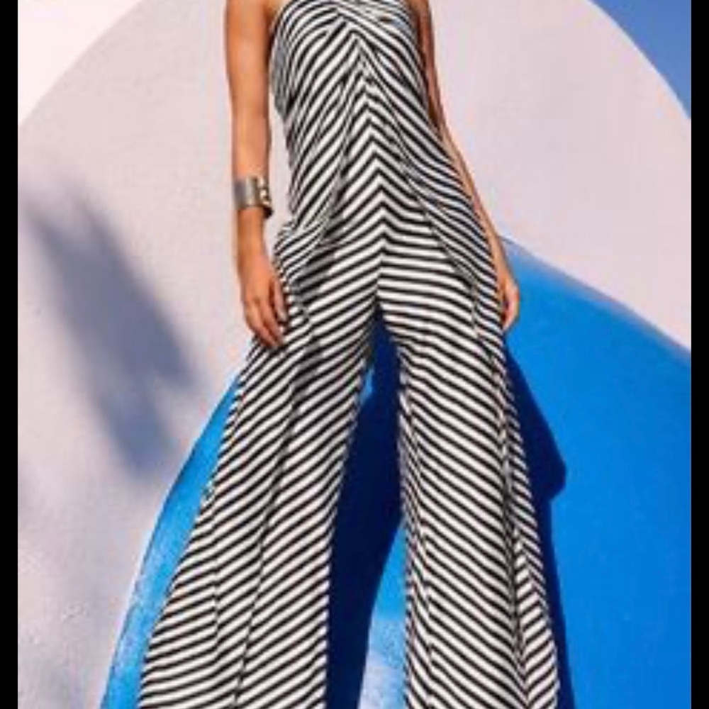 Boston Proper Black & White Stripe Halter Wide-Leg Jumpsuit - Picture 2 of 5